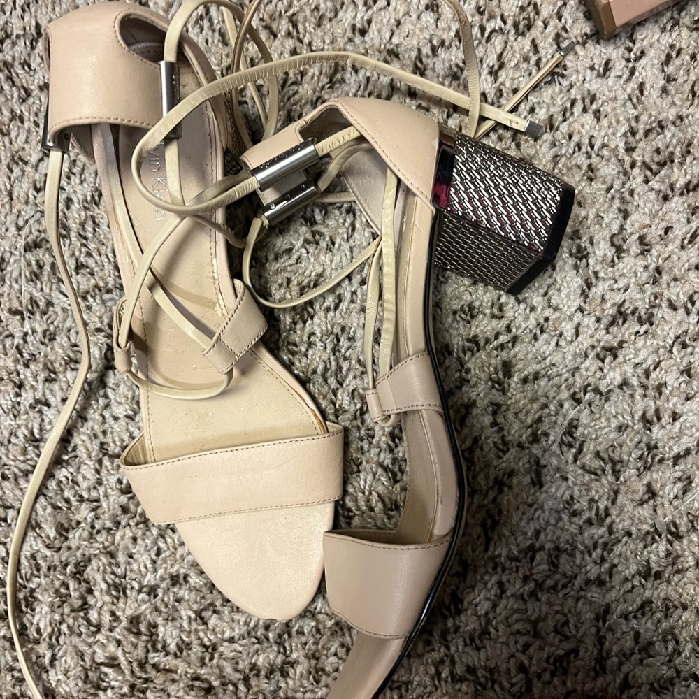 Calvin Klein strapping cream and silver heels, chunky heel